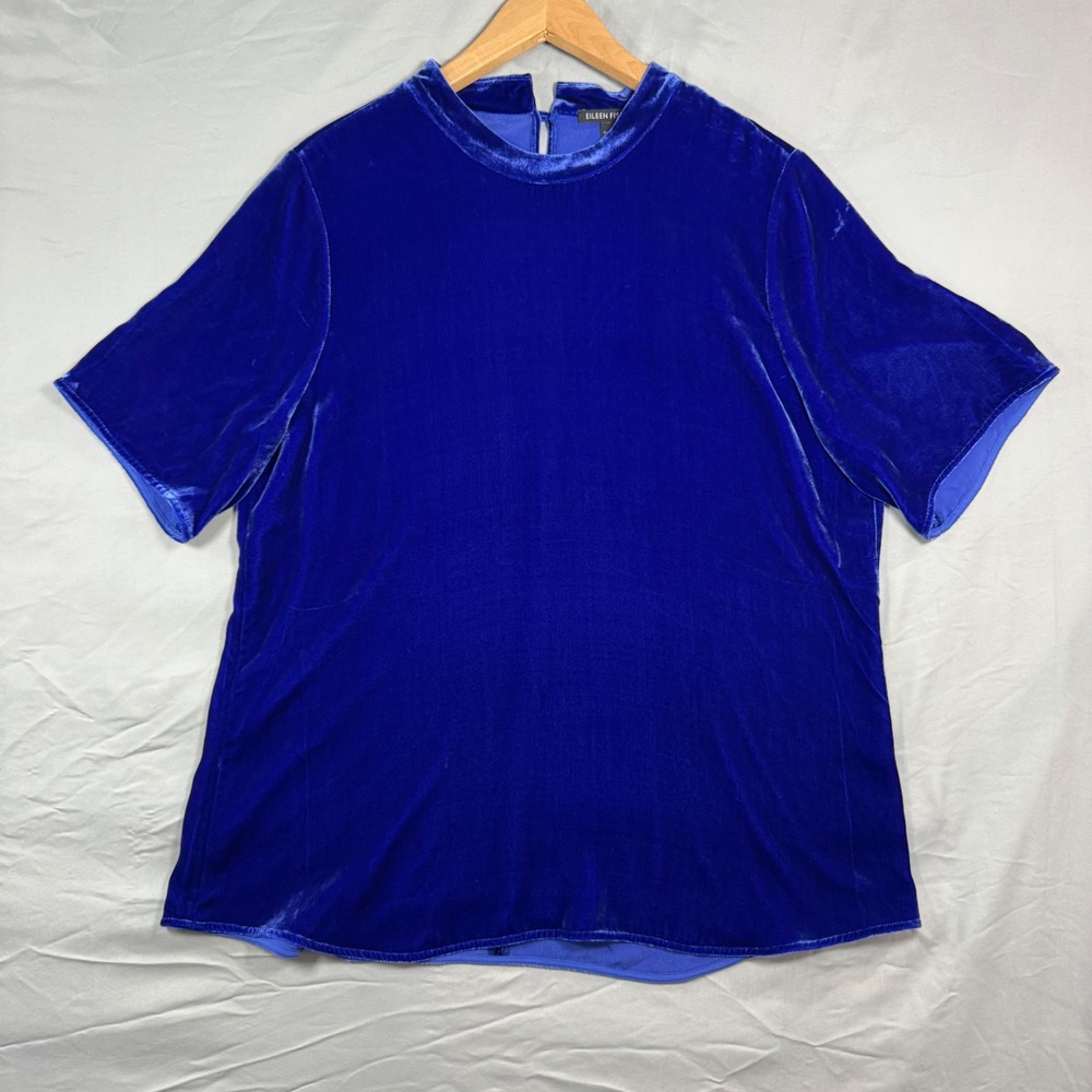 Eileen Fisher Velvet Short Sleeve Top Mock Nex Sz L Royal Blue Silk Blend Luxury